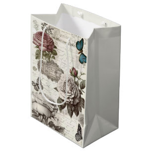 Vintage Paper Roses Butterflies Medium Gift Bag