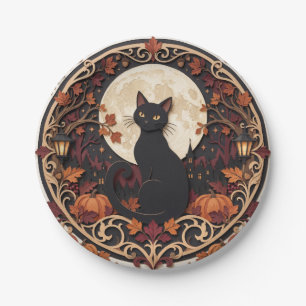 Vintage Papercut Black Cat Halloween Paper Plate