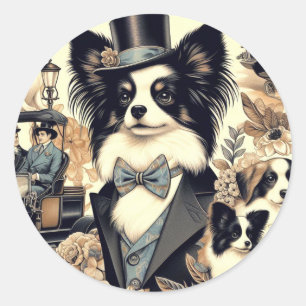 Vintage Papillon Dog Illustration Classic Round Sticker