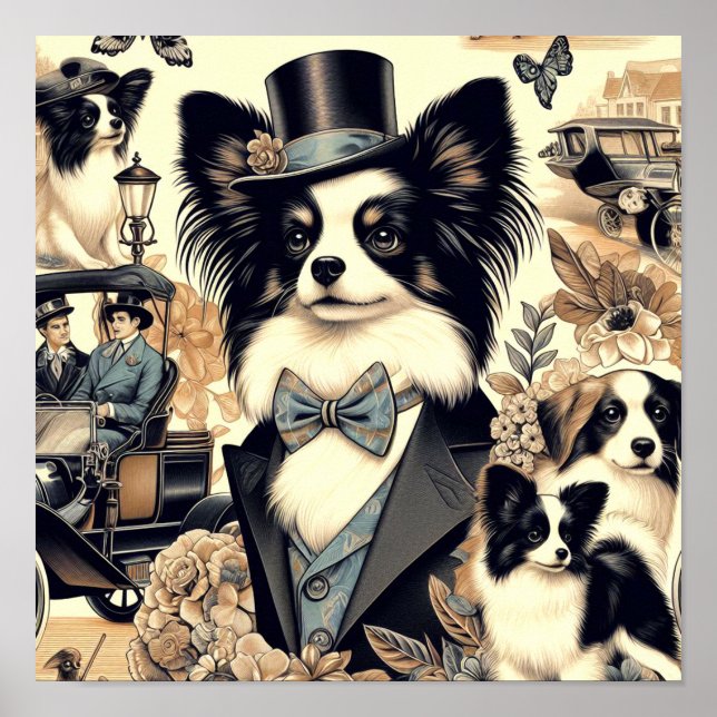 Vintage Papillon Dog Illustration Poster (Front)