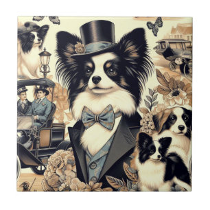 Vintage Papillon Dog Illustration Tile