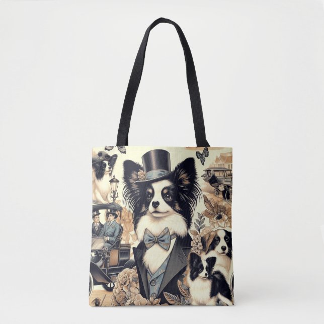 Vintage Papillon Dog Illustration Tote Bag (Front)