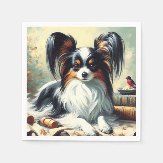 Vintage Papillon Dog Painting Napkin (Front)