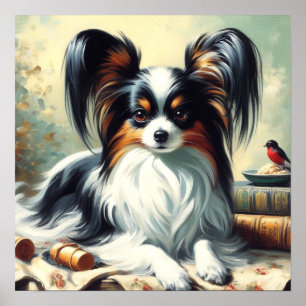 Vintage Papillon Dog Painting Poster