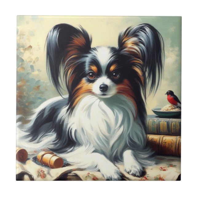 Vintage Papillon Dog Painting Tile (Front)