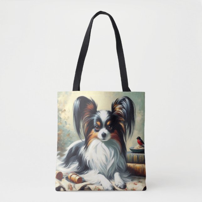Vintage Papillon Dog Painting Tote Bag (Front)