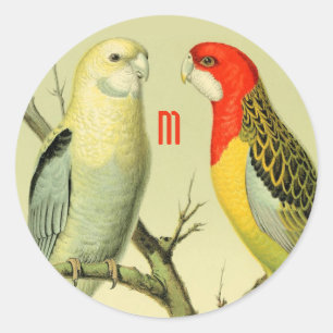  Vintage parakeets - monogrammed  Classic Round Sticker