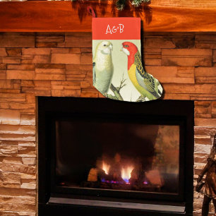 Vintage parakeets -monogrammed small christmas stocking
