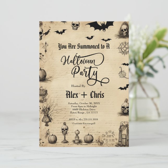 Vintage Parchment Adult Gothic Halloween Party Invitation (Standing Front)