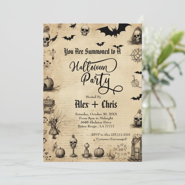 Vintage Parchment Adult Gothic Halloween Party Invitation (Standing Front)