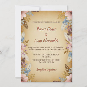 Vintage Parchment and Floral Wedding Invitation