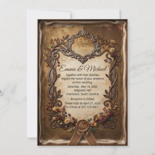 Vintage Parchment Bronze Floral Rustic Autumn Invitation