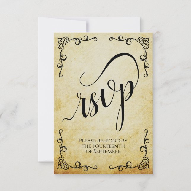 Vintage Parchment Elegant Calligraphy Wedding RSVP Card (Front)