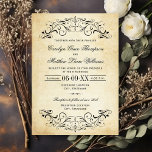 Vintage Parchment Flourish Wedding Invitation<br><div class="desc">A stunning wedding invitation featuring ornate black scrollwork flourishes on an aged parchment paper background with warm,  distressed edges. The calligraphic script names and refined serif typography evoke the charm of antique correspondence for a truly old-world feel. All text including names,  date,  ceremony and reception details is fully editable.</div>