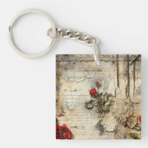 Vintage Parchment Love Letter with Flowers (10) Key Ring