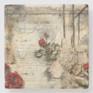 Vintage Parchment Love Letter with Flowers (10) Stone Coaster