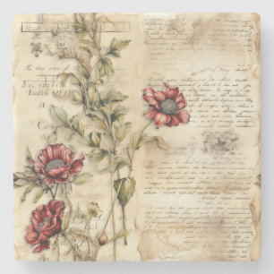 Vintage Parchment Love Letter with Flowers (1) Stone Coaster