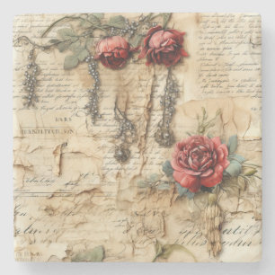 Vintage Parchment Love Letter with Flowers (4) Stone Coaster