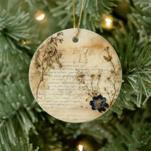 Vintage Parchment Love Letter with Flowers (5) Ceramic Tree Decoration