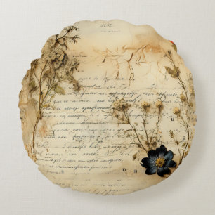Vintage Parchment Love Letter with Flowers (5) Round Cushion