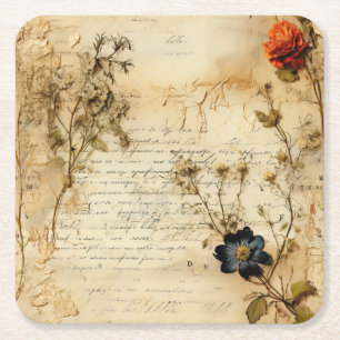 Vintage Parchment Love Letter with Flowers (5) Square Paper Coaster