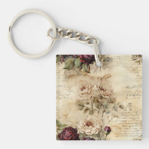 Vintage Parchment Love Letter with Flowers (7) Key Ring