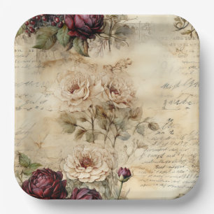 Vintage Parchment Love Letter with Flowers (7) Paper Plate