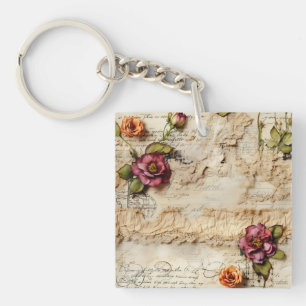 Vintage Parchment Love Letter with Flowers (8) Key Ring