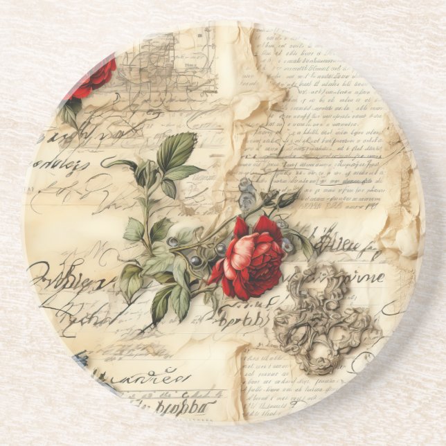 Vintage Parchment Love Letter with Flowers (9) Coaster (Front)
