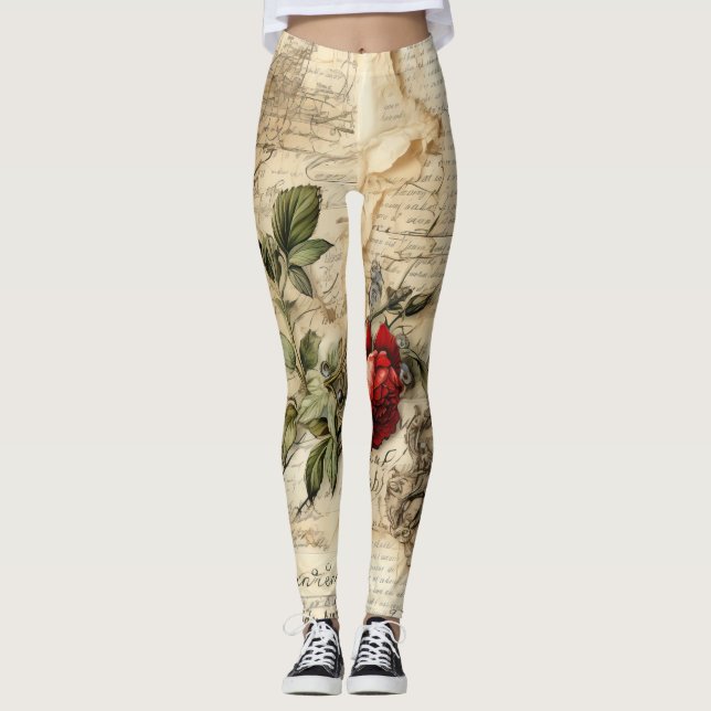 Vintage Parchment Love Letter with Flowers (9) Leggings (Front)