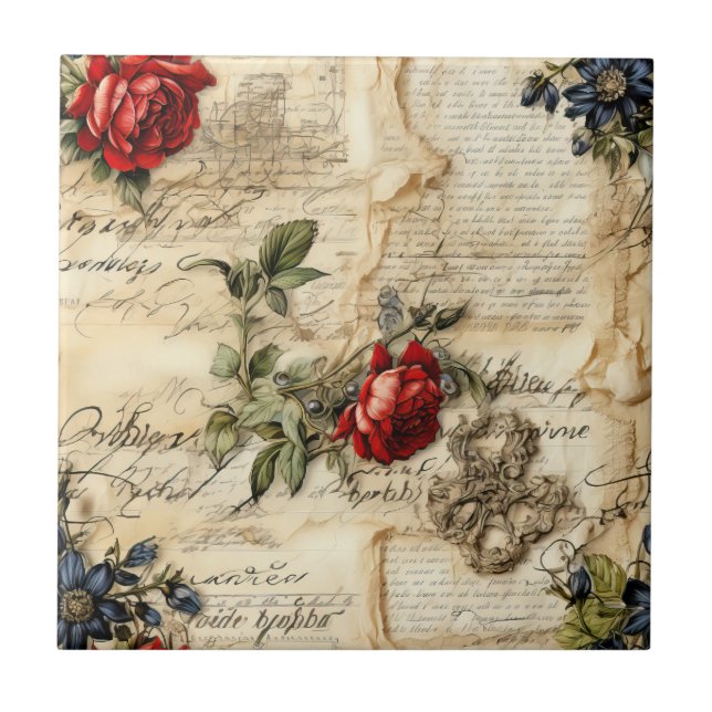 Vintage Parchment Love Letter with Flowers (9) Tile (Front)