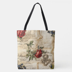 Vintage Parchment Love Letter with Flowers (9) Tote Bag