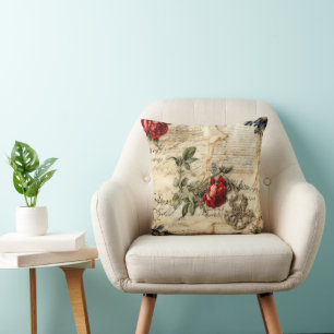 Vintage Parchment Love Letter with Flowers Cushion