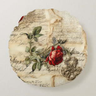 Vintage Parchment Love Letter with Flowers Round Cushion