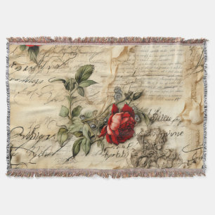Vintage Parchment Love Letter with Flowers Throw Blanket