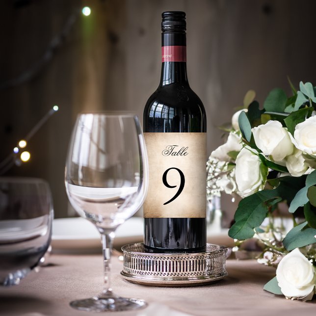 Vintage Parchment Paper Wine Bottle Table Numbers (Create elegant parchment paper wine bottle table number labels for your celebration.)