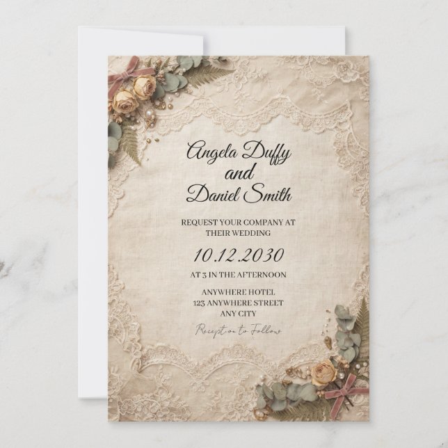 Vintage Parchment Rose Wedding Invitation (Front)