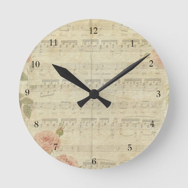 Vintage Parchment Roses and Music Round Clock (Front)