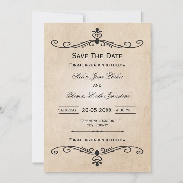 Vintage Parchment Save The Date wedding card (Front)
