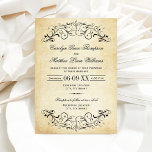 Vintage Parchment Scrollwork Wedding Invitation<br><div class="desc">A classic wedding invitation featuring ornate black scrollwork flourishes on an aged parchment paper background. This version presents the calligraphic script names and refined serif typography without a monogram header, letting the elegant flourishes and distressed paper texture take center stage. All text including names, date, ceremony and reception details is...</div>