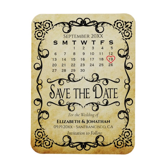 Vintage Parchment Wedding Save the Date Calendar Magnet (Vertical)