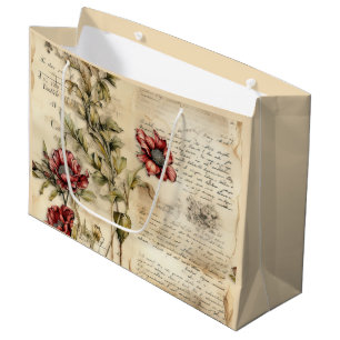 Vintage Parchment with Elegant Floral Decoupage Large Gift Bag