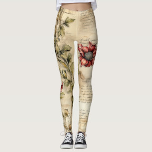 Vintage Parchment with Elegant Floral Decoupage Leggings