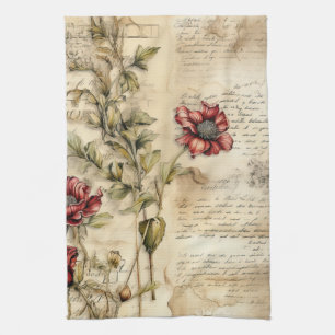 Vintage Parchment with Elegant Floral Decoupage Tea Towel