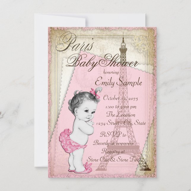 Vintage Paris Baby Shower Pink and Gold Invitation (Front)