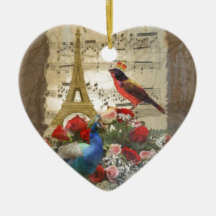 Vintage Paris & birds music sheet collage Ceramic Tree Decoration