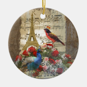 Vintage Paris & birds music sheet collage Ceramic Tree Decoration