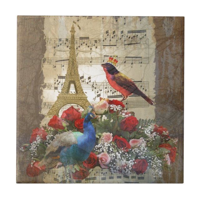 Vintage Paris & birds music sheet collage Tile (Front)