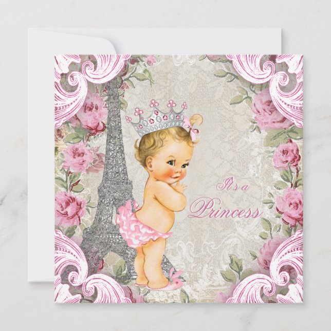 Vintage Paris Blonde Princess Floral Baby Shower Invitation (Front)