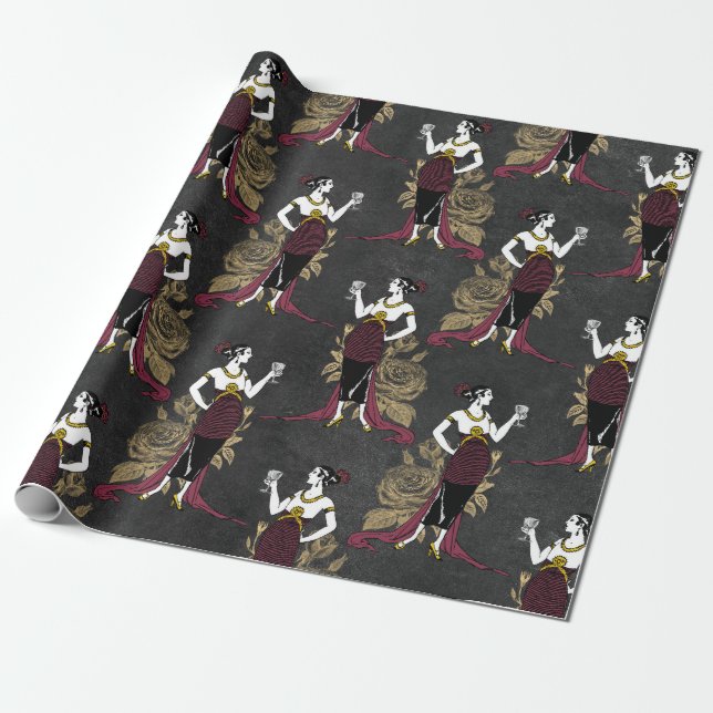 Vintage Paris Burgundy and Faux Gold Wine Art Deco Wrapping Paper (Unrolled)